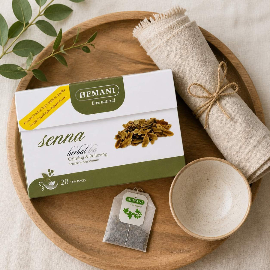 Tisane de Séné Hemani 20 Sachets - Infusion Plantes – rituel d'utilisation vu du dessus, ambiance naturelle zen