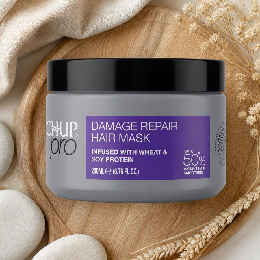 Trichup Pro Masque Capillaire Réparation (Damage Repair) – Protéines de Blé & Soja – 200 ml – composition flat lay avec éléments naturels, vue du dessus