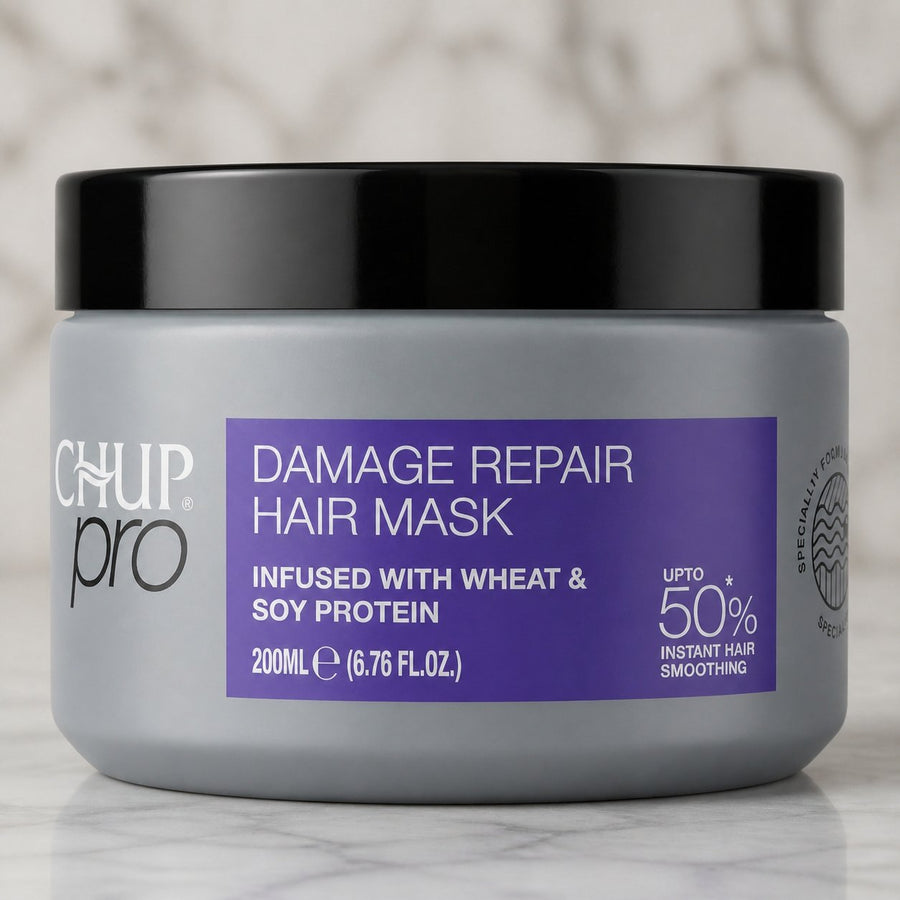 Trichup Pro Masque Capillaire Réparation (Damage Repair) – Protéines de Blé & Soja – 200 ml – gros plan sur les détails et la finition du packaging