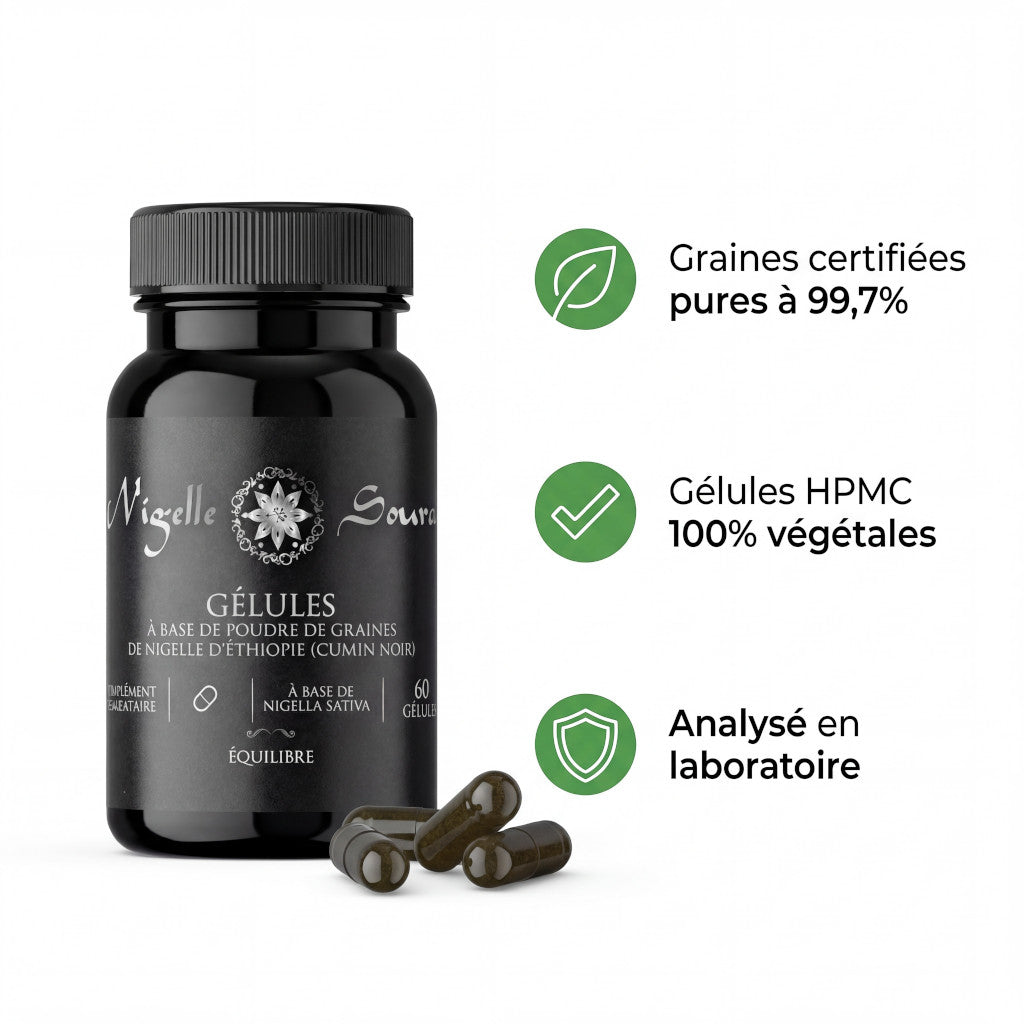 60 Gélules Nigelle d’Éthiopie – Poudre 99,7% Pure – Gélules Végétales