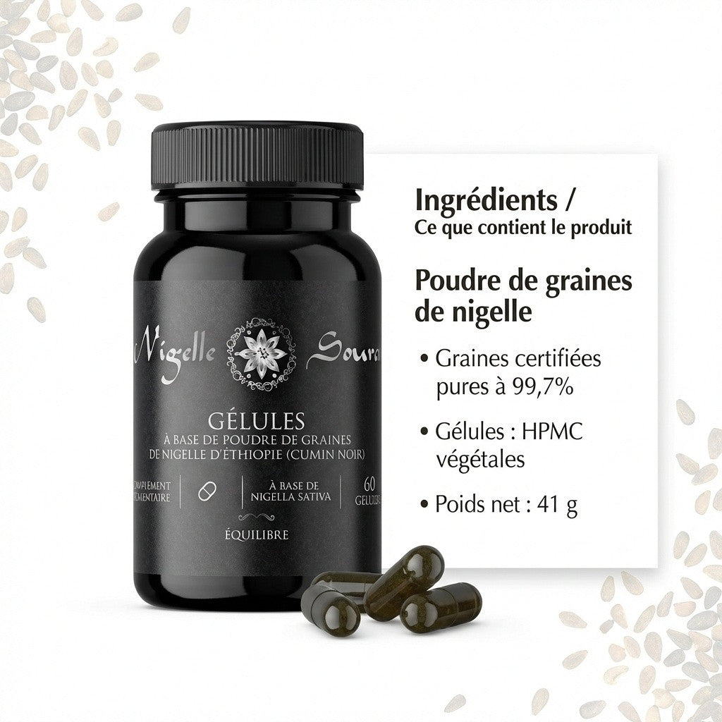 60 Gélules Nigelle d’Éthiopie – Poudre 99,7% Pure – Gélules Végétales