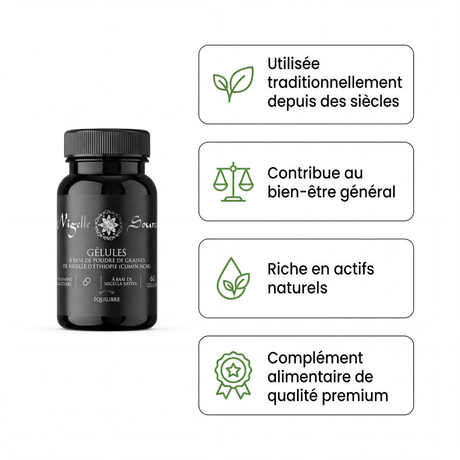60 Gélules Nigelle d’Éthiopie – Poudre 99,7% Pure – Gélules Végétales