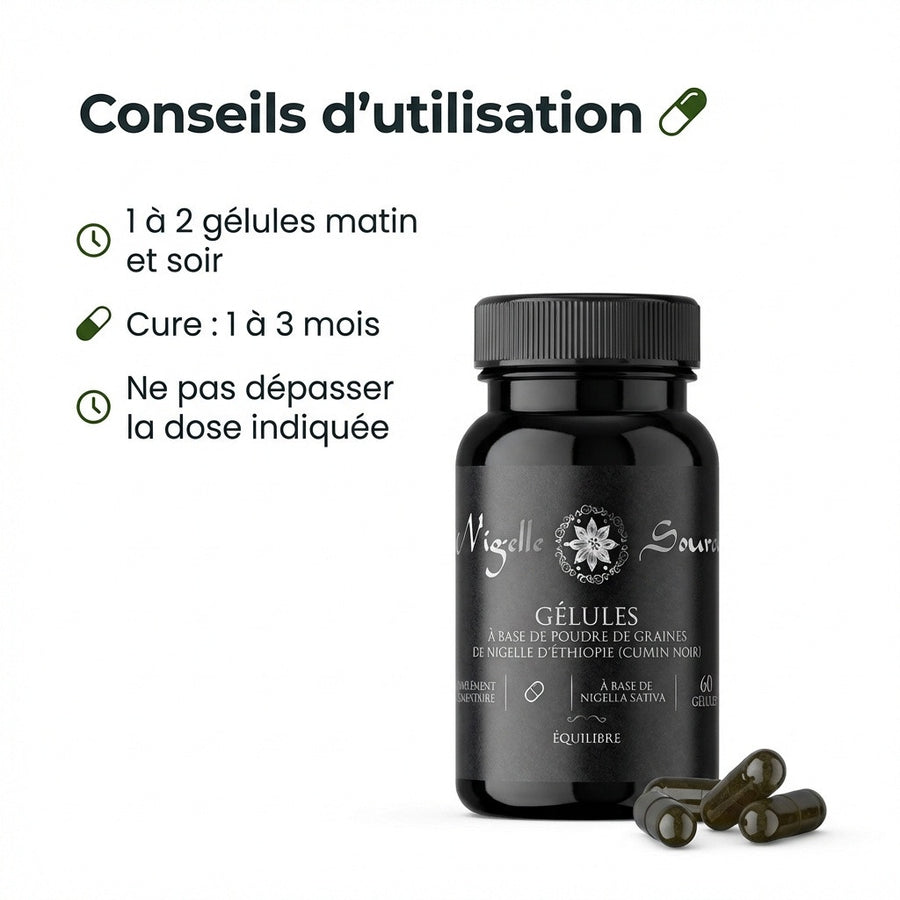 60 Gélules Nigelle d’Éthiopie – Poudre 99,7% Pure – Gélules Végétales