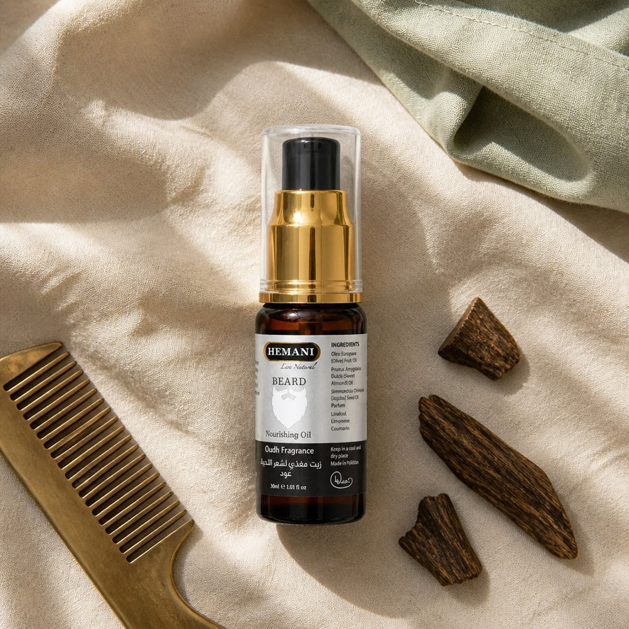 Huile à Barbe senteur oud Hemani — flatlay présentation éditoriale