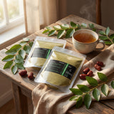 Mise en scène naturelle poudre Sidr jujubier avec feuilles thé et ambiance spa wellness