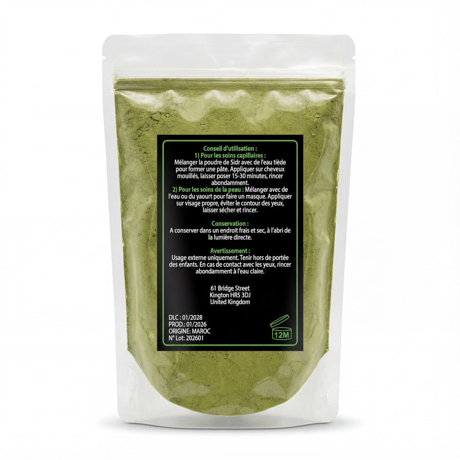 Vue arrière sachet Sidr avec informations complètes utilisation conservation et origine Maroc