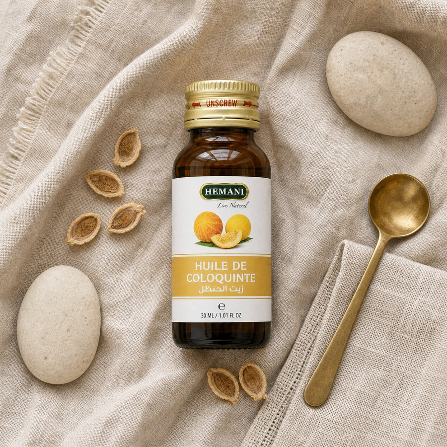 Hemani Huile de Coloquinte 30 mL — Composition flat-lay naturelle