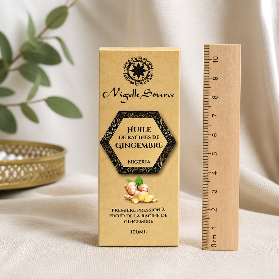 Huile de Racines de Gingembre du Nigéria 100 mL — référence d'échelle avec règle 10 cm