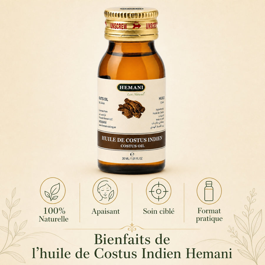 Hemani Huile de Costus Indien 30 mL — Infographie des bienfaits