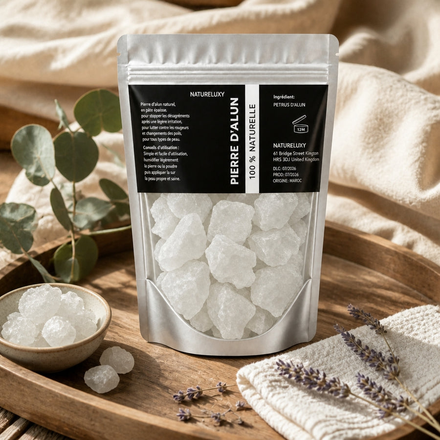 Pierre d'Alun Brute 80 g Déodorant Naturel — ambiance lifestyle, présentation minérale