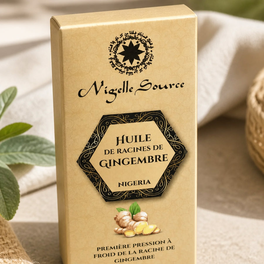 Huile de Racines de Gingembre du Nigéria 100 mL — gros plan texture étiquette supérieure