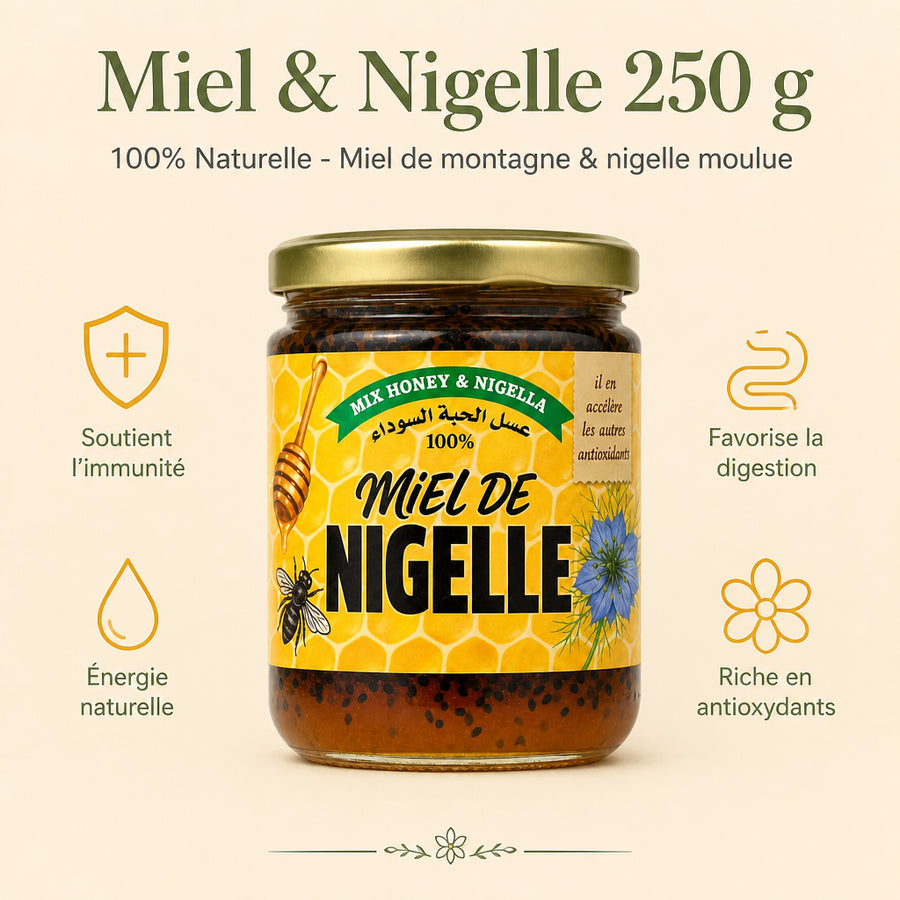 Miel & Nigelle 100% Naturelle 250 g – Miel de montagne & nigelle moulue - infographie des bienfaits en français, packaging d'origine préservé