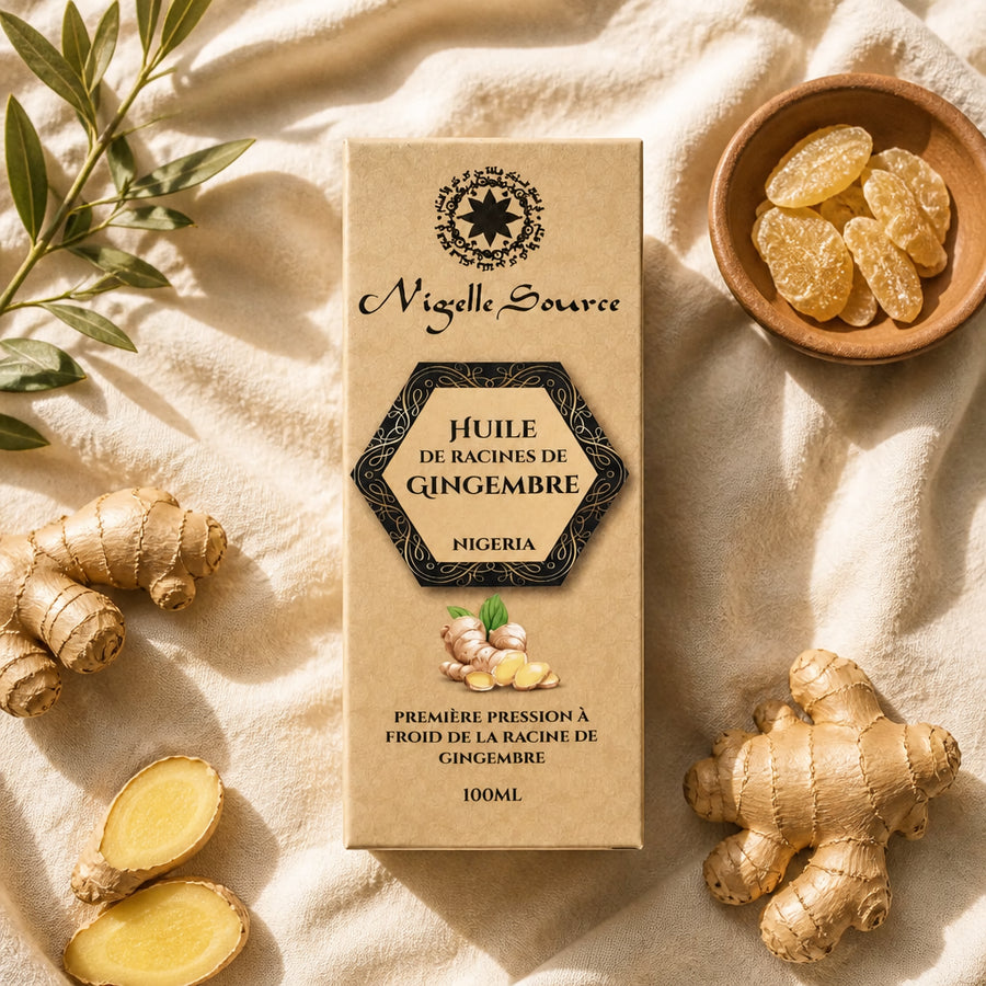 Huile de Racines de Gingembre du Nigéria 100 mL — flatlay présentation éditoriale