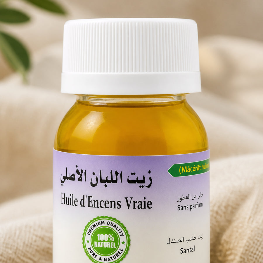 Huile d'Encens 30 mL — gros plan texture cap et étiquette