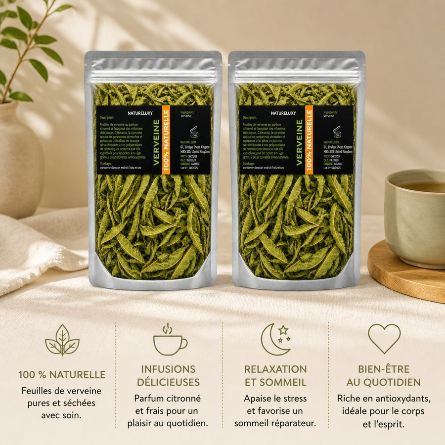 Feuilles de Verveine séchées 2×50 g naturelles — infographie des bienfaits en français