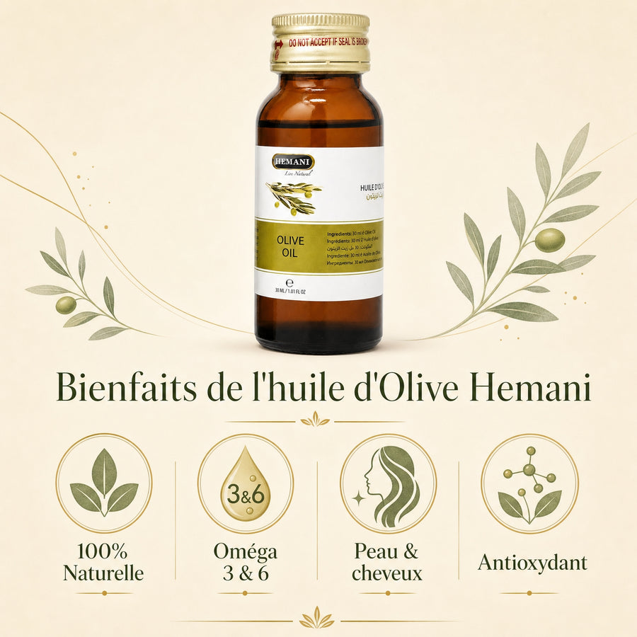 Hemani Huile d'Olive Cosmétique 30 mL — Infographie des bienfaits