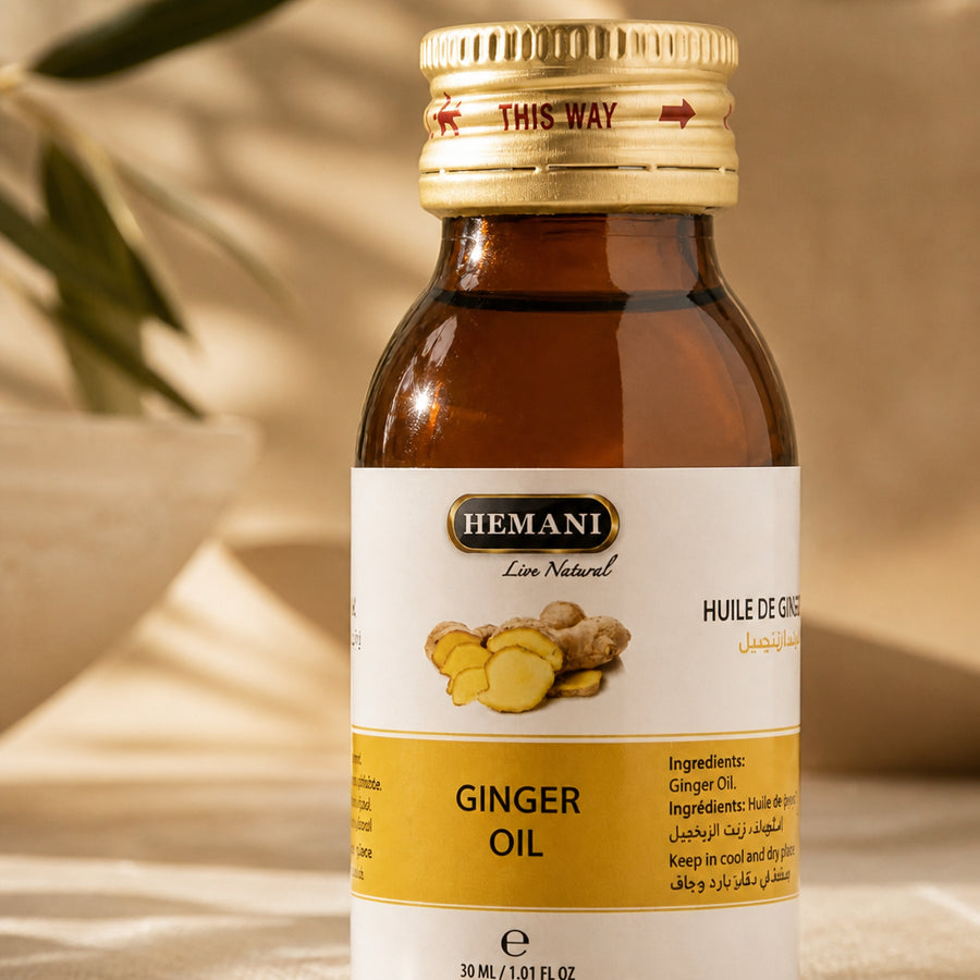 Huile de Gingembre 30mL 100% Naturelle Hemani - gros plan macro du bouchon et de l'étiquette, packaging d'origine préservé