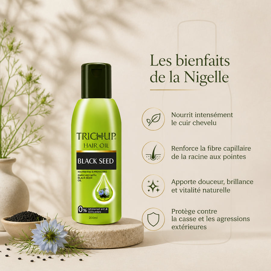 Huile capillaire à la Graine de Nigelle Trichup 200 mL — infographie des bienfaits en français