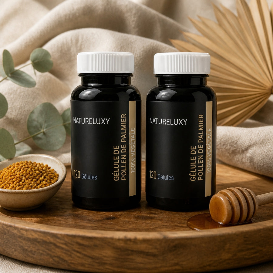 240 gélules Pollen de Palmier Natureluxy ‑5 % — ambiance lifestyle, présentation rustique
