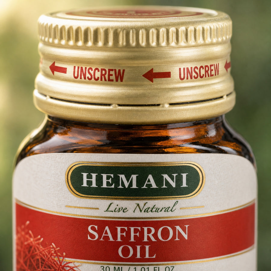 Hemani Huile de Safran 30 mL — Macro texture & étiquette