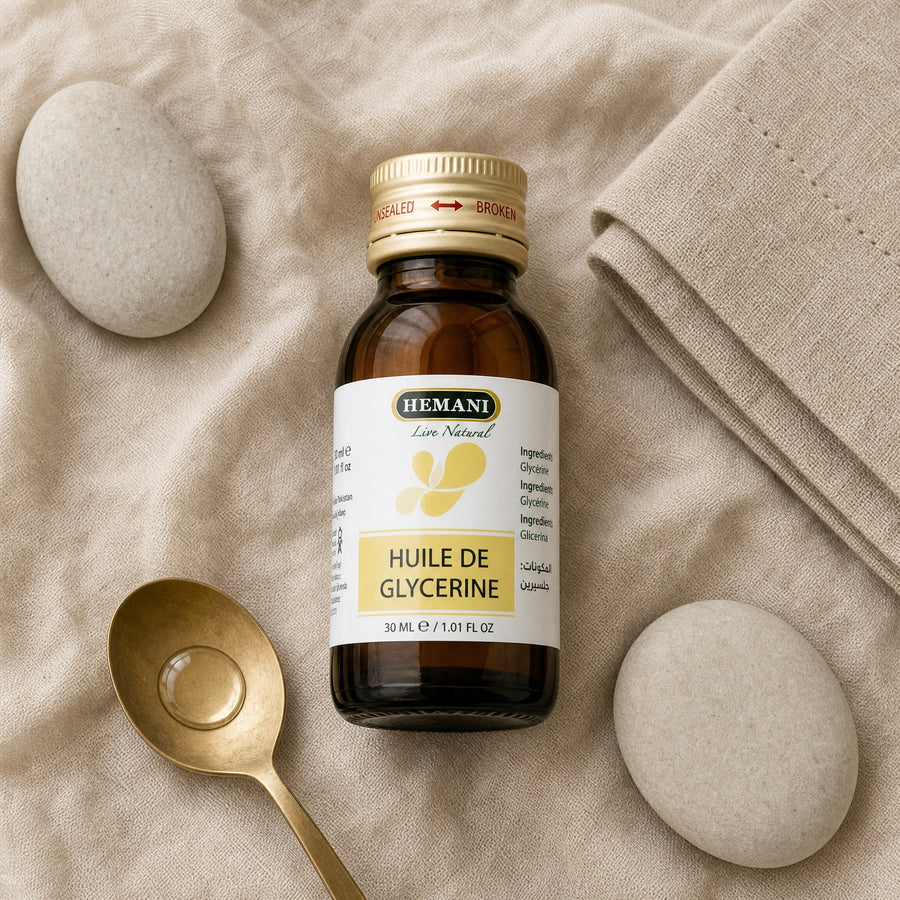 Hemani Huile de Glycérine 30 mL — Composition flat-lay naturelle
