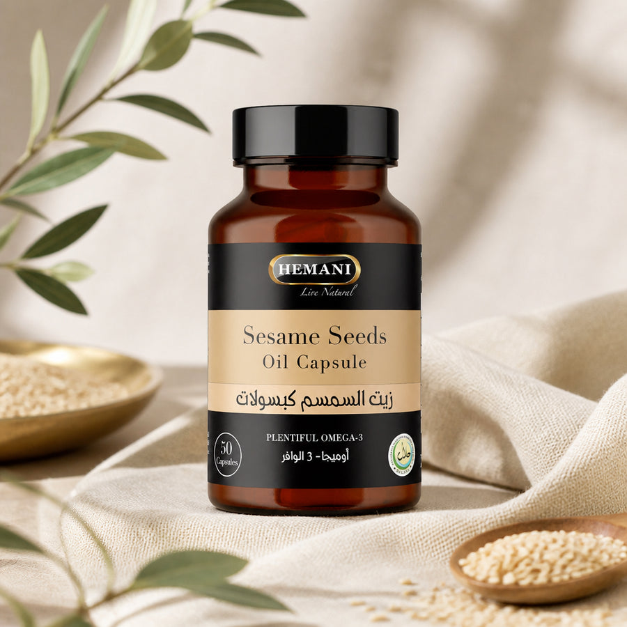 50 Capsules de Sésame Hemani — vue principale hero, flacon Hemani authentique conservé