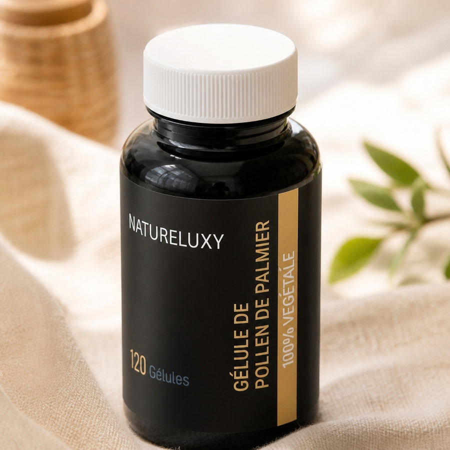 240 gélules Pollen de Palmier Natureluxy ‑5 % — gros plan texture étiquette