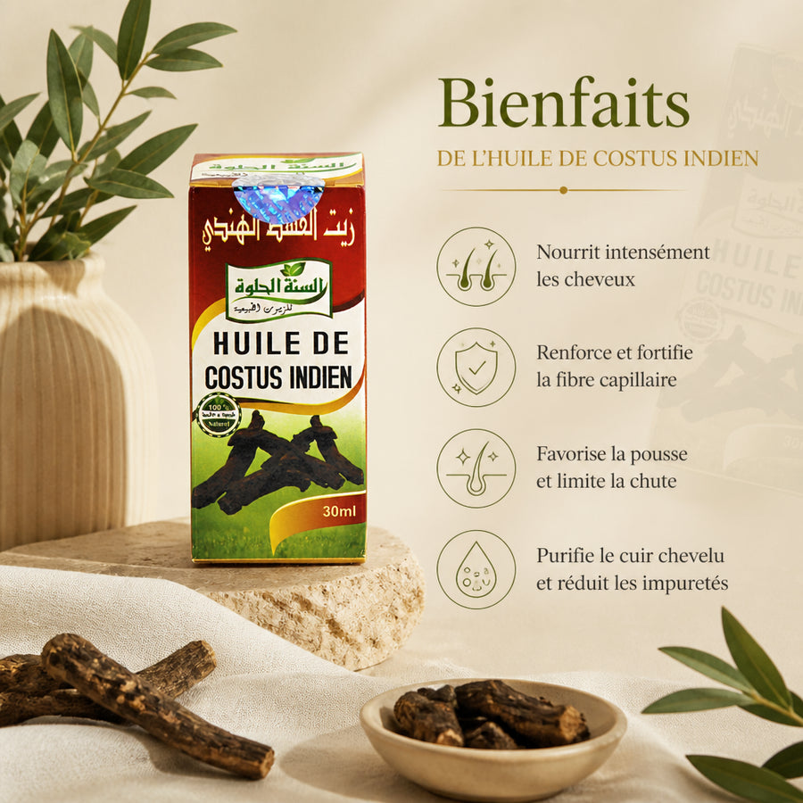 Huile de Costus Indien 30 mL Sweet Sunnah — infographie des bienfaits en français